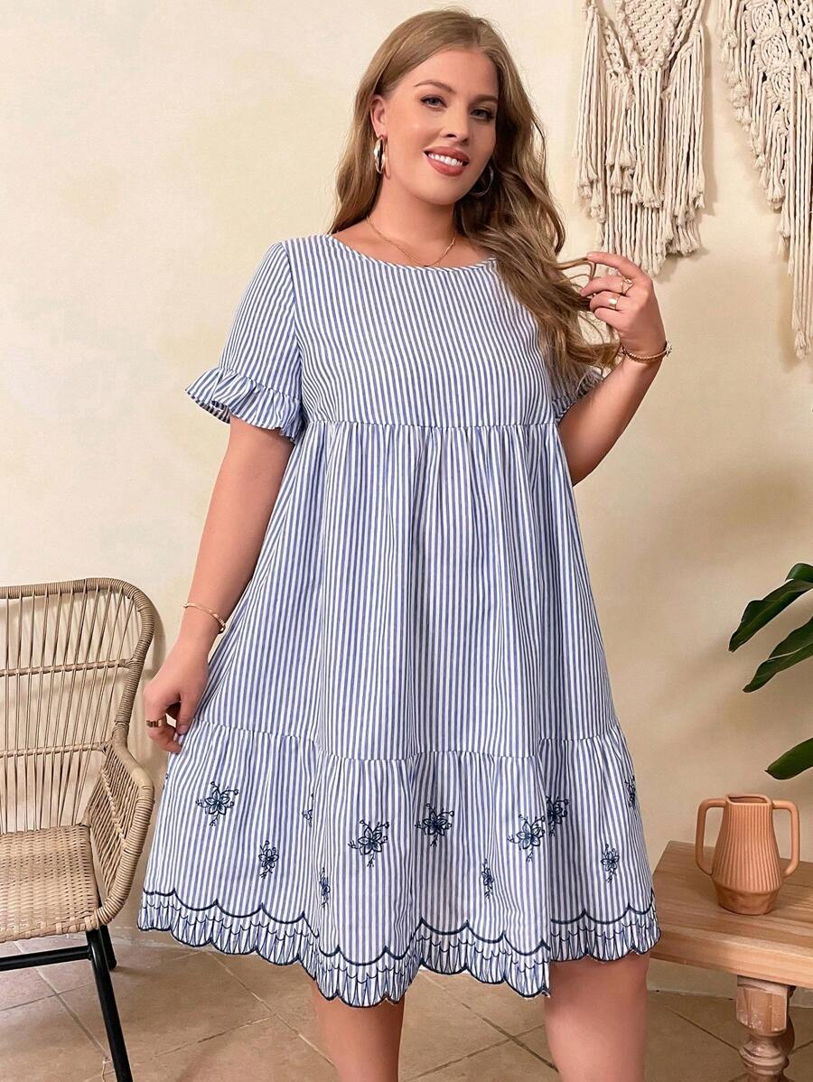 EMERY ROSE Plus Floral & Striped Print Flounce Sleeve Ruffle Hem Smock Dress - Blue and White - View 1