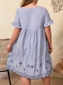EMERY ROSE Plus Floral & Striped Print Flounce Sleeve Ruffle Hem Smock Dress - Blue and White - View 2