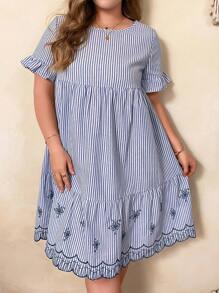 EMERY ROSE Plus Floral & Striped Print Flounce Sleeve Ruffle Hem Smock Dress - Blue and White - View 4