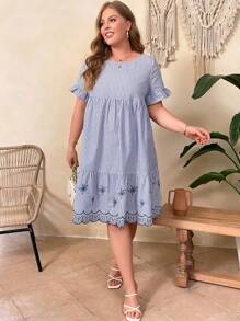 EMERY ROSE Plus Floral & Striped Print Flounce Sleeve Ruffle Hem Smock Dress - Blue and White - View 3