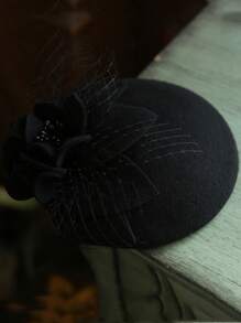 女士秋冬款網紗針織貴婦帽，優雅時尚的帽子配件 - 黑色 - 查看 2