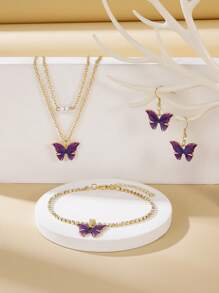 3入組蝴蝶吊墜珠寶套裝,包括創意耳環、項鍊和手鐲的組合 - 紫色 - 查看 1