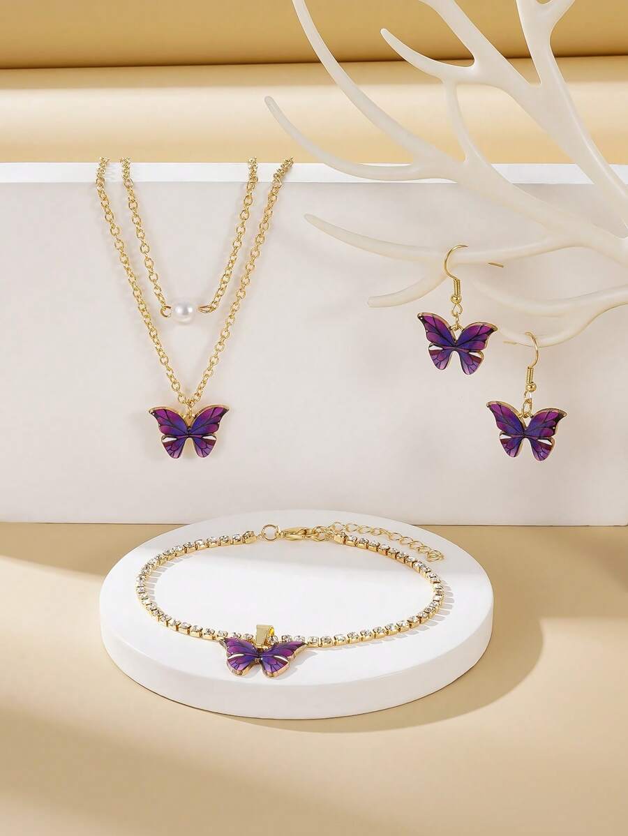 3入組蝴蝶吊墜珠寶套裝,包括創意耳環、項鍊和手鐲的組合 - 紫色 - 查看 1