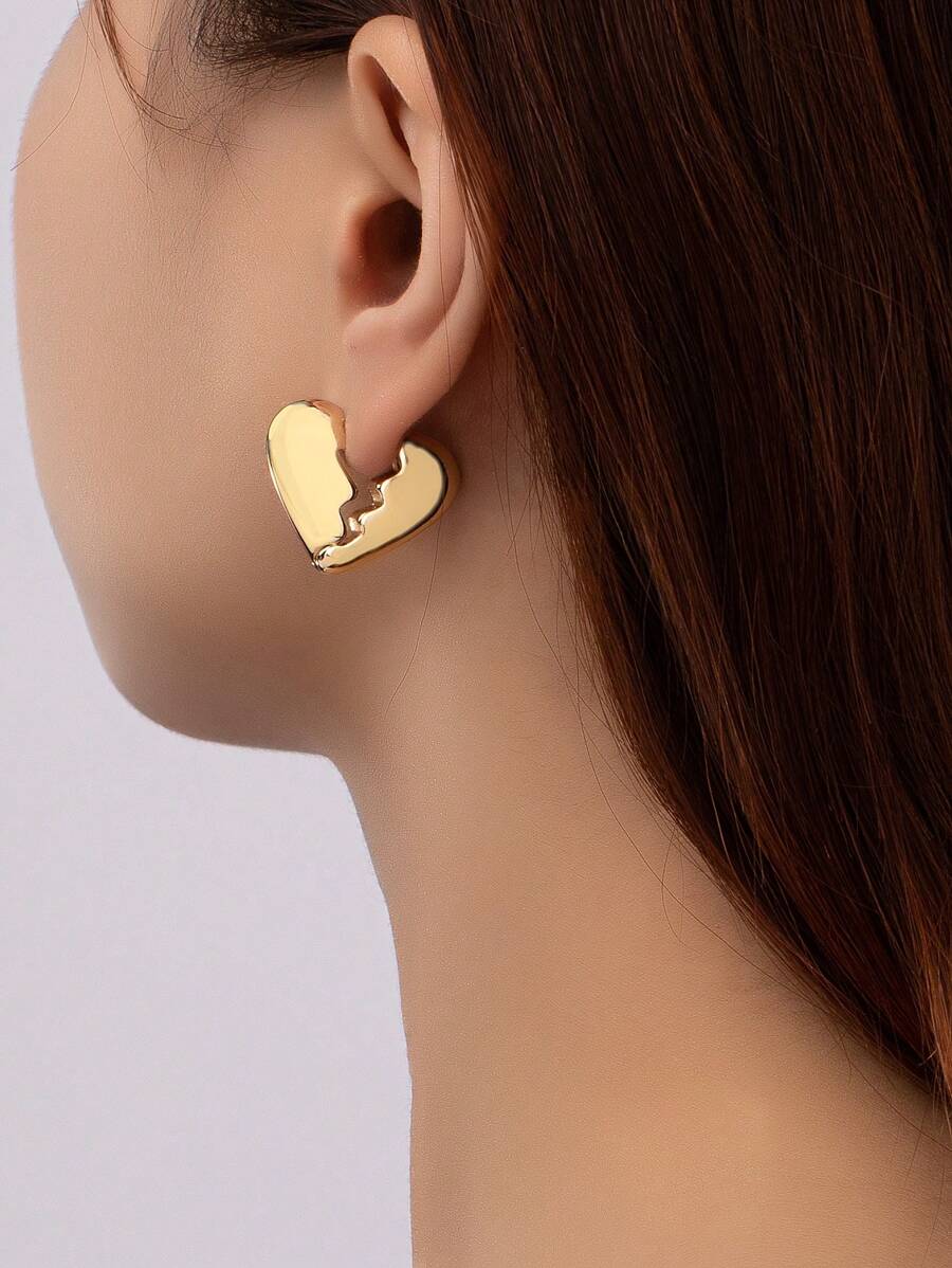 1 đôi bông tai khóa trái tim được đánh bóng đơn giản thời trang - Vàng - Xem 1