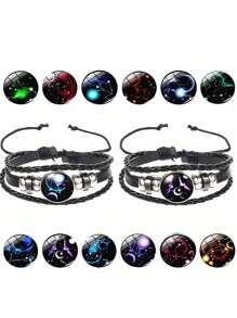 1入組十二星座多層編織夜光星空手鍊男士女士朋克情侶手繩 - 彩色 - 查看 1