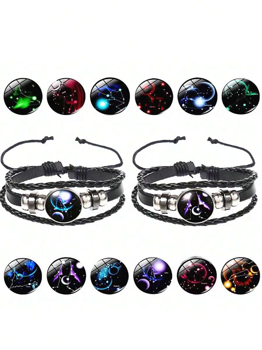 1入組十二星座多層編織夜光星空手鍊男士女士朋克情侶手繩 - 彩色 - 查看 1