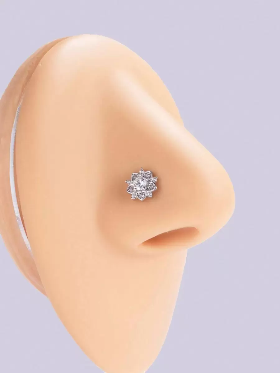 1pc Simple & Fashionable Flower Shaped Nose Stud With Rhinestone Inlayed Valentines,Mom,Mother,Mother's Day,Gift - Silver - View 1