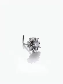 1pc Simple & Fashionable Flower Shaped Nose Stud With Rhinestone Inlayed Valentines,Mom,Mother,Mother's Day,Gift - Silver - View 2
