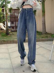 Quần Jeans Denim Ống Thẳng Túi Xếp Ly Đơn Giản Đa Năng Cho Nữ - Rửa trung bình - Xem 1