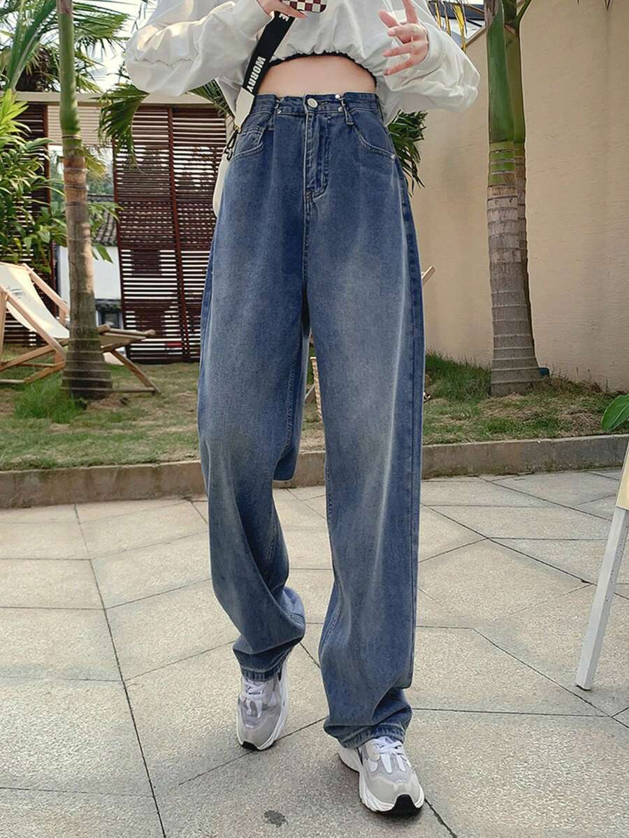 Quần Jeans Denim Ống Thẳng Túi Xếp Ly Đơn Giản Đa Năng Cho Nữ - Rửa trung bình - Xem 1