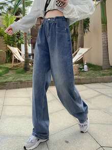 Quần Jeans Denim Ống Thẳng Túi Xếp Ly Đơn Giản Đa Năng Cho Nữ - Rửa trung bình - Xem 3