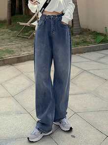 Quần Jeans Denim Ống Thẳng Túi Xếp Ly Đơn Giản Đa Năng Cho Nữ - Rửa trung bình - Xem 4