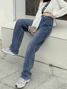 Quần Jeans Denim Ống Thẳng Túi Xếp Ly Đơn Giản Đa Năng Cho Nữ - Rửa trung bình - Xem 6
