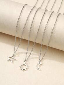 3pcs/set Silver Stainless Steel Necklace With Star, Sun And Moon Charm, Suitable For Women's Daily Wear, School Season And Holiday Gift