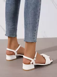 女士抽褶細節粗跟優雅白色踝帶平底涼鞋適合夏天 - 白色 - 查看 3