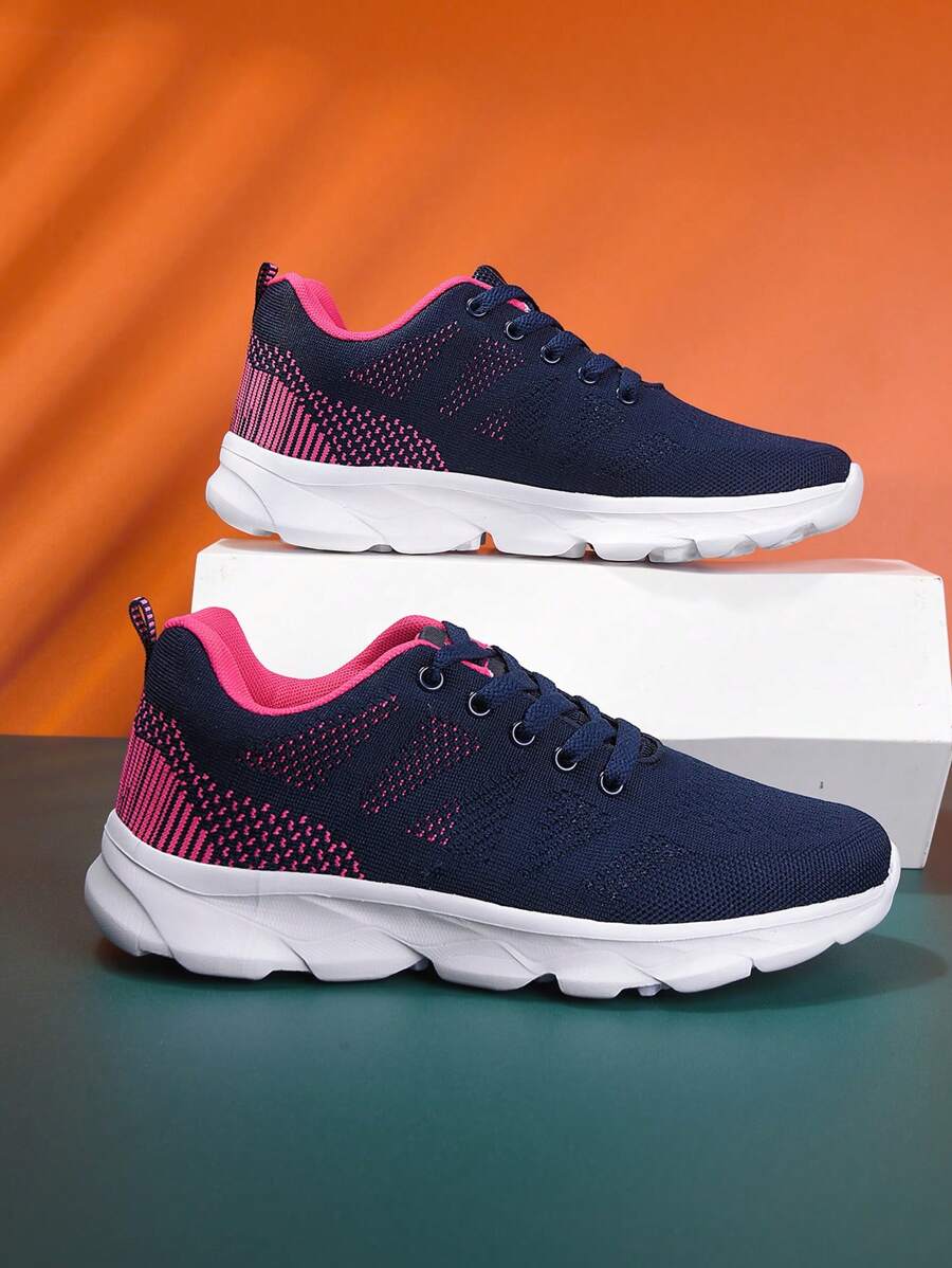 Two Tone Lace0-up Front Knit Running Shoes - Blue - View 1