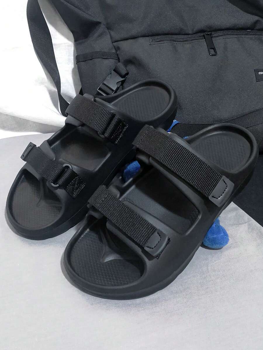 男士魔術貼雙帶黑色織物拖鞋 - 黑色 - 查看 1