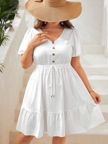 SHEIN VCAY 大碼前紐扣荷葉邊腰部抽繩洋裝 - 白色 - 查看 3