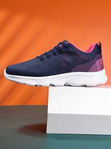 Two Tone Lace0-up Front Knit Running Shoes - Blue - View 3