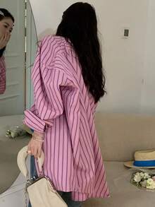 豎條紋落肩袖超大襯衫 - 粉色 - 查看 2