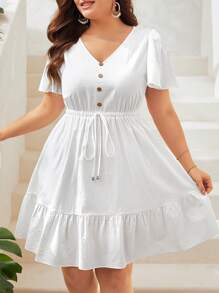 SHEIN VCAY 大碼前紐扣荷葉邊腰部抽繩洋裝 - 白色 - 查看 4