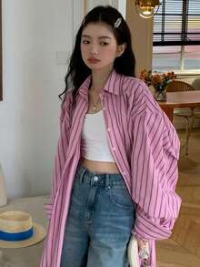 豎條紋落肩袖超大襯衫 - 粉色 - 查看 3