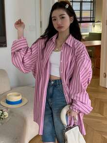 豎條紋落肩袖超大襯衫 - 粉色 - 查看 4