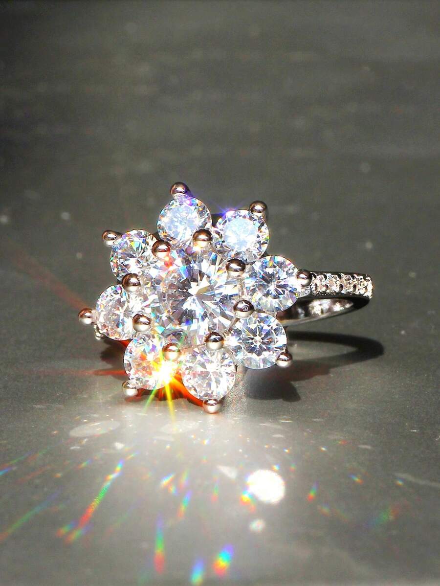 1 Chiếc Nhẫn Trang Trí Hoa Đính Đá Cubic Zirconia Quyến Rũ Cho Nữ Cho Quà Tặng Đính Hôn - Bạc - Xem 1