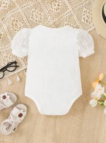 SHEIN Baby Contrast Lace Puff Sleeve Ribbed Knit Bodysuit - White - View 2
