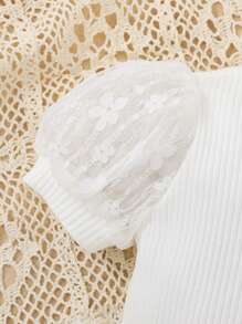 SHEIN Baby Contrast Lace Puff Sleeve Ribbed Knit Bodysuit - White - View 5