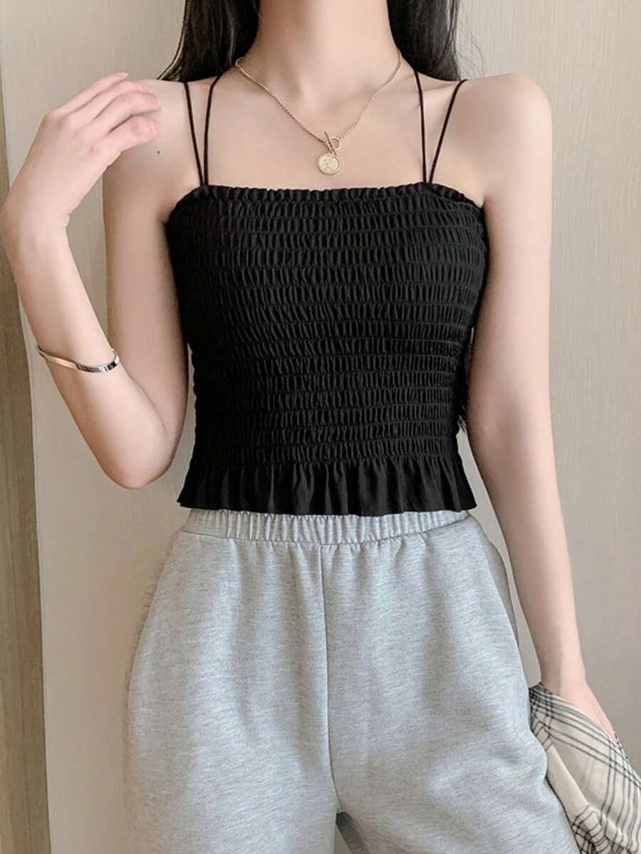 Solid Criss Cross Shirred Cami Top - Black - View 1