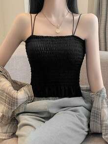 Solid Criss Cross Shirred Cami Top - Black - View 3