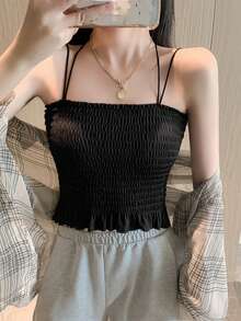 Solid Criss Cross Shirred Cami Top - Black - View 6