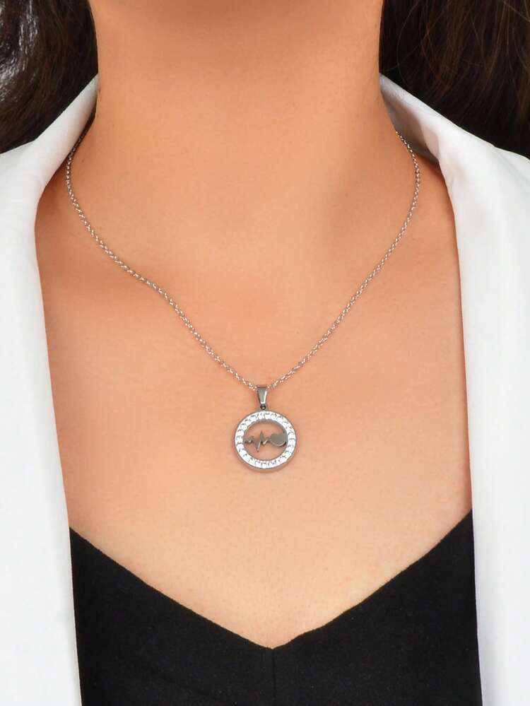 1pc Stylish Titanium Steel Electrocardiogram Pendant Necklace With Diamond - Silver - View 1