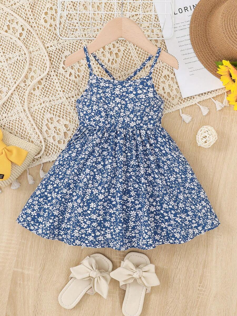SHEIN 嬰兒碎花吊帶連衣裙 - 藍白色 - 查看 1