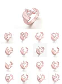 1入組隨機精美發亮方晶鋯石26字母戒指適合女士銅首飾類 - 玫瑰金 - 查看 1