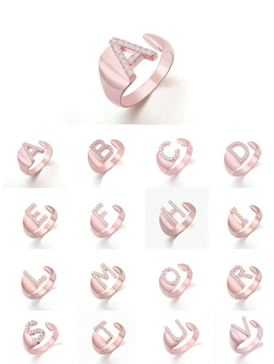 1入組隨機精美發亮方晶鋯石26字母戒指適合女士銅首飾類 - 玫瑰金 - 查看 1