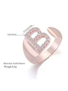 1入組隨機精美發亮方晶鋯石26字母戒指適合女士銅首飾類 - 玫瑰金 - 查看 3