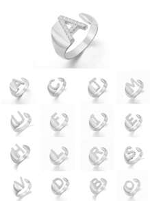 1入組隨機精美閃閃發光方晶鋯石字母裝飾戒指適合女士,派對首飾類禮品銅首飾類 - 銀色 - 查看 2