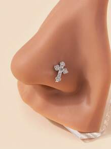 1入組時尚不銹鋼交叉和方晶鋯石裝飾鼻環,穿孔釘狀首飾適合女士派對禮物銅首飾類 - 銀色 - 查看 2