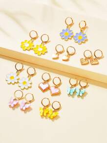 9對/套時尚可愛蝴蝶花心形多元素耳環套裝適合作為約會禮物送給女士女孩 - 彩色 - 查看 1