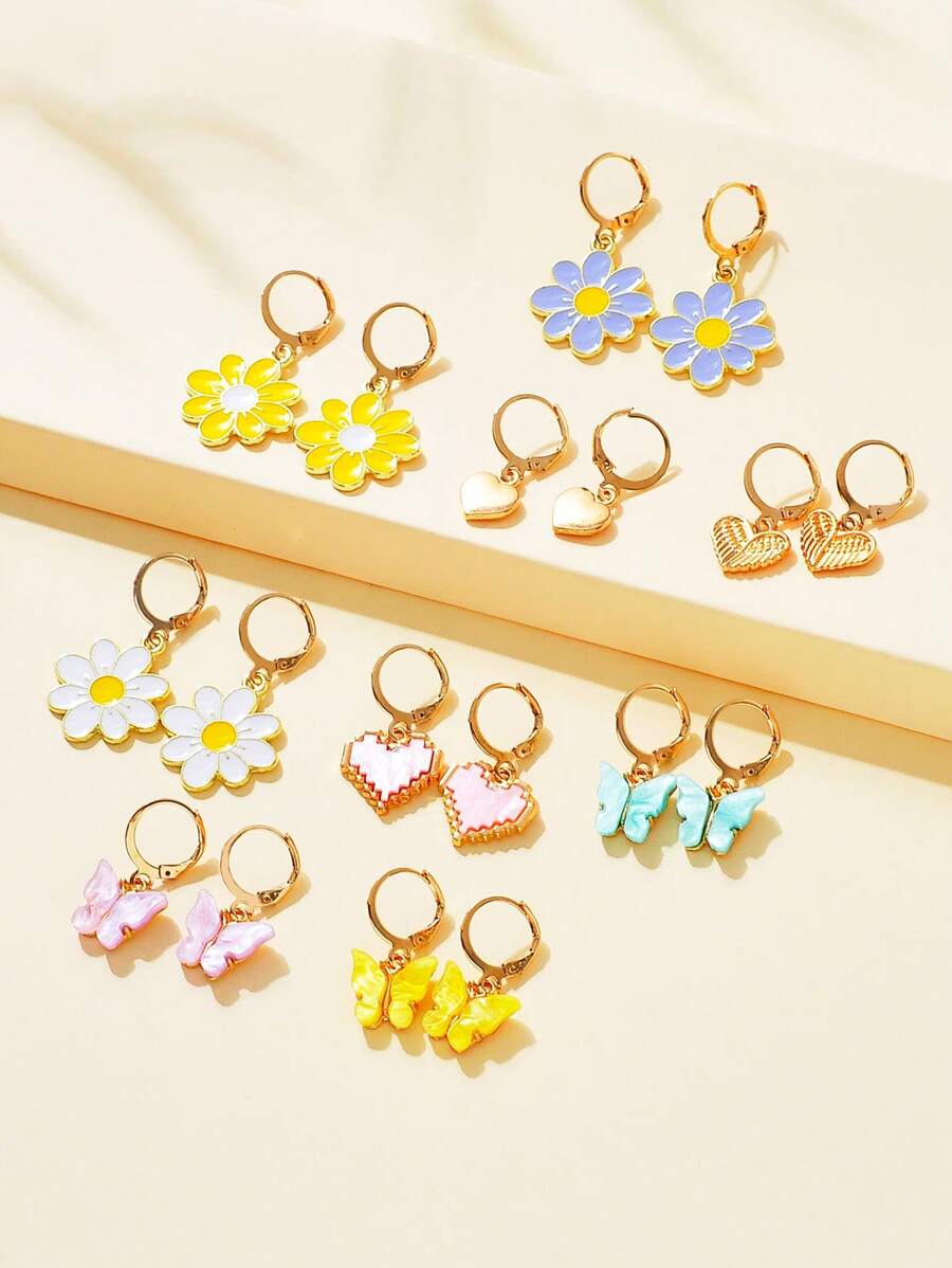 9對/套時尚可愛蝴蝶花心形多元素耳環套裝適合作為約會禮物送給女士女孩 - 彩色 - 查看 1