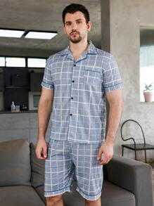 Men Plaid Print Contrast Piping PJ Set - Grey - View 1