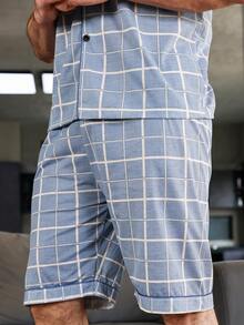 Men Plaid Print Contrast Piping PJ Set - Grey - View 3
