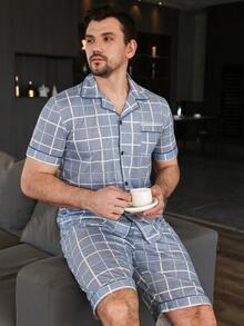 Men Plaid Print Contrast Piping PJ Set - Grey - View 4