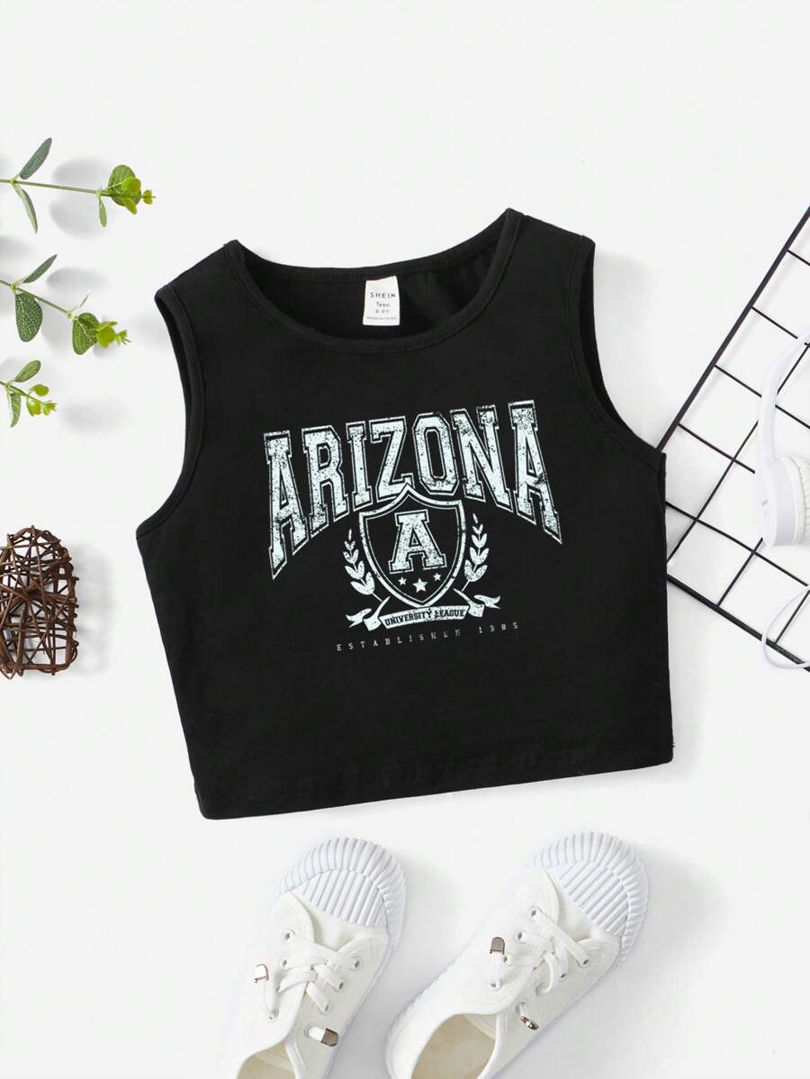 SHEIN Tank Tops & Camis Bé Gái Lá thư Thực vật Giải trí - màu đen - Xem 1