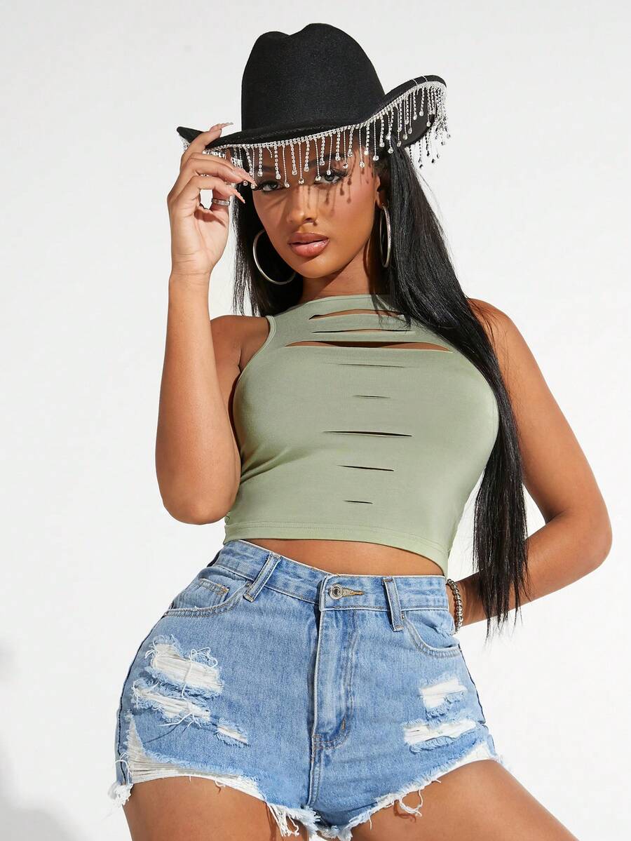 SHEIN SXY Top tank crop unicolor desgarro - verde menta - Ver 1