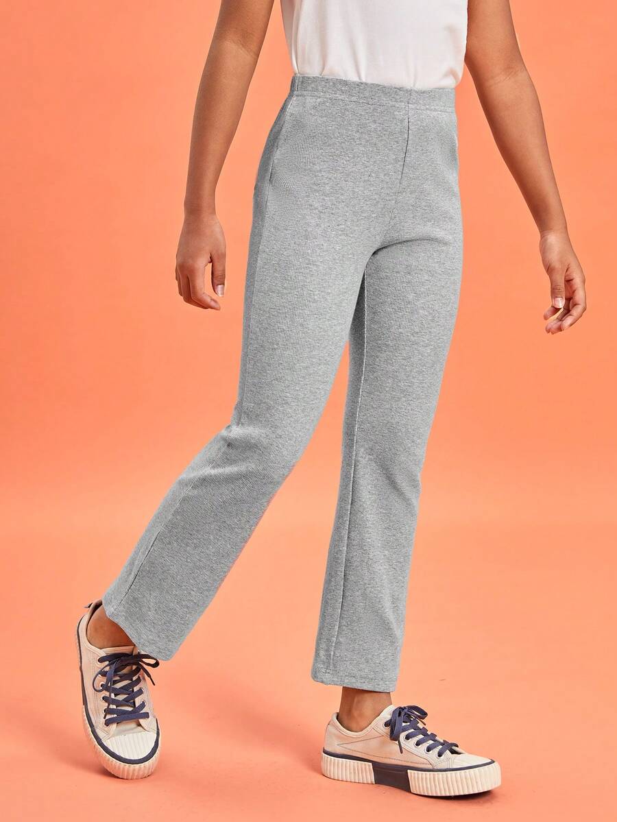 SHEIN Girls Solid Flare Leg Trousers - Light Grey - View 1