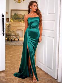 LOVE&LEMONADE 單肩側垂高衩緞面正式連衣裙 - 綠色 - 查看 4