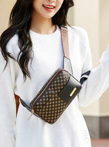 1入組黑色時尚波點圖案織物腰包和胸包適用於日常穿著 - 黑色 - 查看 1